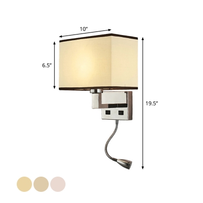 Single Bedside Wall Lamp Modern White/Beige Sconce with Rectangular Fabric Shade and Spotlight