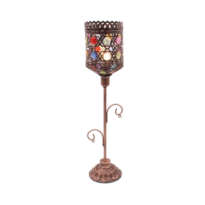 Single-Bulb Night Table Light Turkish Hand-Beaded Star/Bell/Cylinder Metal Nightstand Lamp in Copper