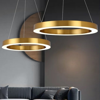 Small/Large Stainless Steel Ring Pendant Simple Brushed Gold LED Chandelier Lamp for Living Room