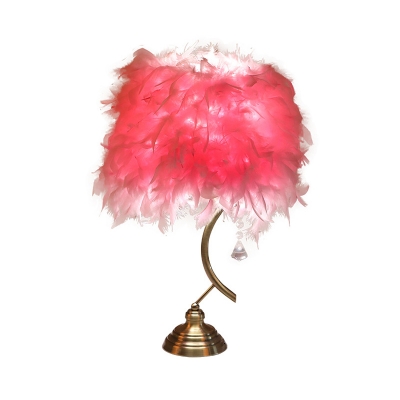 Tapered Feather Night Stand Lamp Nordic 1-Light Pink/White Table Lighting with Crystal Drop