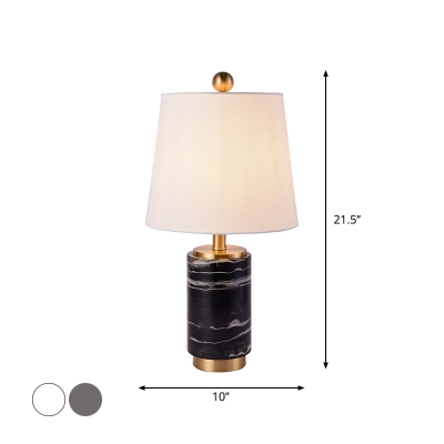 Tapered Shade Night Lamp Post-Modern Fabric 1-Light Black/White/Grey Table Lighting with Marble Base