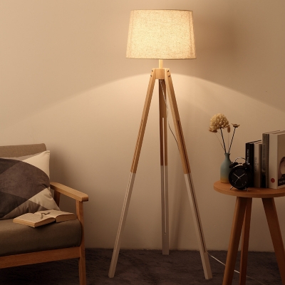 Three-Legged Standing Floor Lamp Nordic Wood 1-Light Black/White Reading Floor Light with Round Fabric Shade