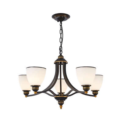 Traditional Bell Pendant Lighting 3/5/8 Bulbs Ivory Glass Up Chandelier Lamp in Black/Gold for Parlor