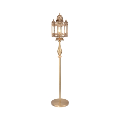 Turkish Square Lantern Floor Lamp Single-Bulb Metallic Standing Floor Light in Brass