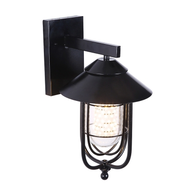Vintage Cloche Shaped Wall Light 1 Head Clear Glass Lantern Sconce with Wire Cage in Black