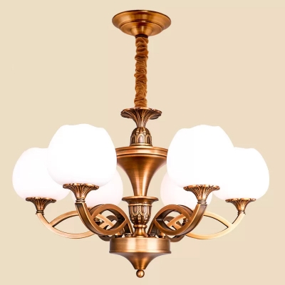 White Glass Rose Bud Suspension Lamp Traditional 3/6/8 Heads Tearoom Chandelier Light Fixture in Brass