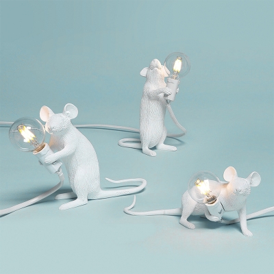 White Mouse Mini Night Table Light Decorative 1 Bulb Resin Nightstand Lamp for Kids Room