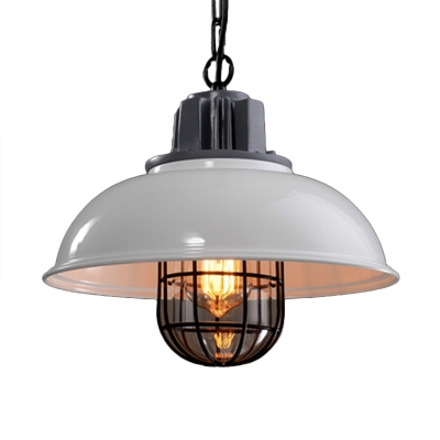 White/Rust Bowl Ceiling Pendant Light Farmhouse Metal Single Bistro Pendulum Light with Cage and Clear Glass Shade