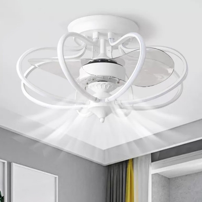 White Twisted/Floral/Cage Semi Flush Light Minimalist Metal 2-Blade LED Ceiling Fan Light, 25.5