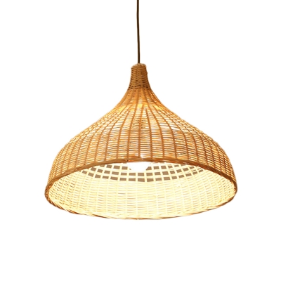 1 Light Tearoom Pendulum Light Chinese Beige Hanging Pendant with Tapered/Dome/Flying Saucer Bamboo Shade