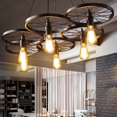 3/6-Light Wheel Chandelier Lamp Rustic Black Wrought Iron Suspension Lighting for Restaurant