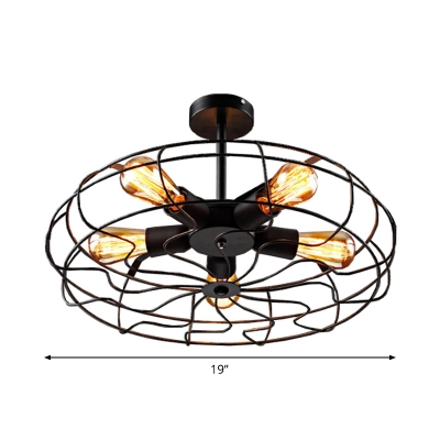 5-Bulb Semi Flush Mount Chandelier Industrial Bedroom Ceiling Light with Round Iron Cage in Black