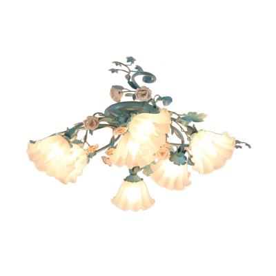 7 Bulbs Semi Flush Mount Lamp Pastoral Floral Frosted Glass Ceiling Light Fixture in White/Pink