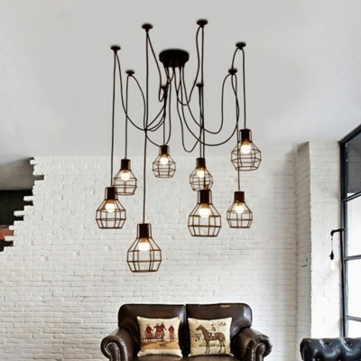 8-Light Ceiling Suspension Lamp Industrial Living Room Swag Pendant Light with Spherical Iron Cage in Black