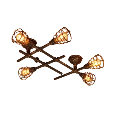 Antiqued Brass 4/5/8-Bulb Semi Flush Industrial Iron Water Pipe Criss-Cross Close to Ceiling Light with Cage