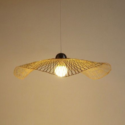 Beige Woven Floppy Hat Pendant Asia 1-Light Bamboo Hanging Ceiling Light for Tearoom, 14
