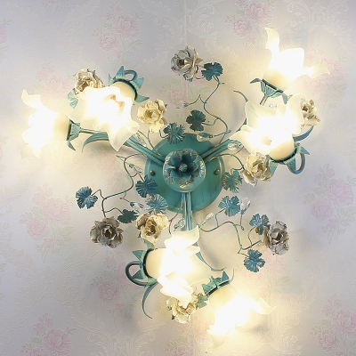 Blue 6/8-Bulb Semi Flush Mount Light Korean Garden Ivory Glass Flower Ceiling Mount Lamp