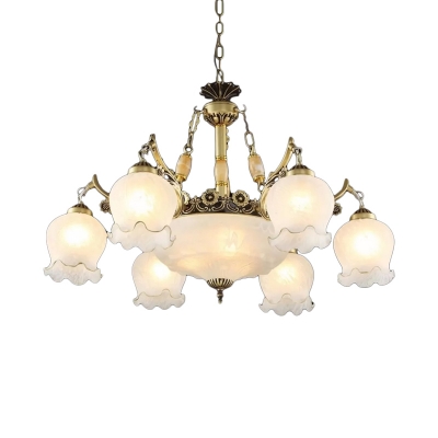 Bronze/White Ruffled Shade Chandelier Traditional Opal Glass 9 Bulbs Dining Room Hanging Ceiling Light