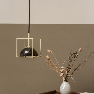 Dome Bedside Down Lighting Pendant Marble 1 Head Postmodern Hanging Lamp in Black/White/Green with Brass Cube Cage