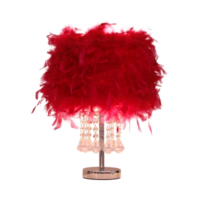 Drum Dining Room Table Stand Lamp Feather 1 Head Modernism Night Light in Coffee/Rose Red/Burgundy with Crystal Drop
