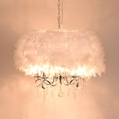 Feather Candlestick Pendant Chandelier Modern Style 3/5 Lights Hanging Light Fixture with Round Shade in White/Chrome