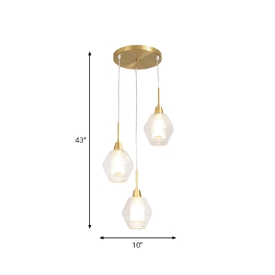 Gold Diamond 2-Shade Cluster Pendant Postmodern 3 Lights Clear Blown Glass Hanging Light with Round/Linear Canopy
