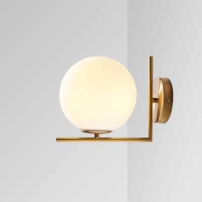 Gold Right Angled Arm Wall Lamp Postmodern 1 Bulb Milk Ball Glass Sconce Lighting in Warm/White Light