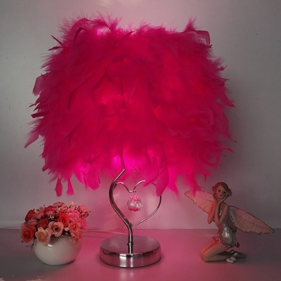 Heart Shaped Table Lamp Modern Feather Single Girls Room Night Light in White/Red/Pink with Crystal Orb