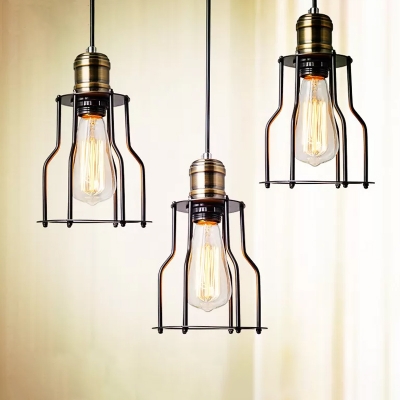 Iron Wire Cage Pendant Light Fixture Industrial-Style 1 Head Bedside Suspension Lamp in Black