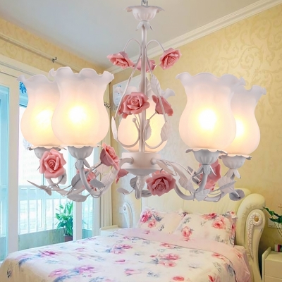 Ivory Glass Floral Up Chandelier Romantic Pastoral 5 Lights Bedroom Hanging Pendant in Pink