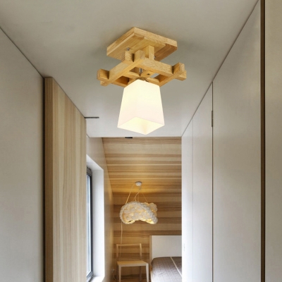 Milk Glass Trapezoid Semi Flush Light Nordic 1-Light Wood Flush Mount Ceiling Lamp in Warm/White Light