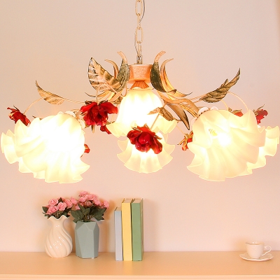 Opal Frosted Glass Beige Drop Lamp Blossoming Rose 4/6/9-Bulb Pastoral Chandelier Light Fixture
