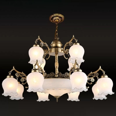 Opal Frosted Glass Bronze Ceiling Pendant 2-Tiered Floral 15 Heads Traditional Chandelier Lamp
