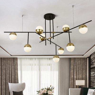 Post-Modern Branch Ceiling Pendant White Ball Glass 3/9 Lights Dining Room Chandelier Light Fixture in Black-Gold