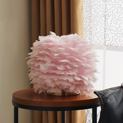Simplicity Ball-Shape Night Stand Lamp Feather Girls Bedroom Table Lighting in Grey/White/Pink