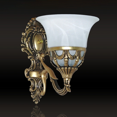Single White Alabaster Glass Wall Lamp Traditional Bronze Flared Porch Wall Mounted Light