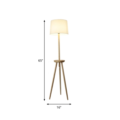 Tripod Wooden Floor Light Nordic 1 Head Beige Stand Up Lamp with Table and Drum Fabric Shade