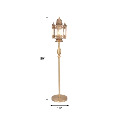 Turkish Square Lantern Floor Lamp Single-Bulb Metallic Standing Floor Light in Brass