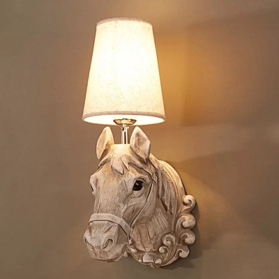 Wood Carved Steed Head Sconce Artistry Single Light Brown Wall Mounted Light with Cone Fabric Shade