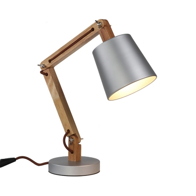Wooden Swing Arm Study Light Nordic 1-Light Silver Desk Lamp with Tapered Metal Shade