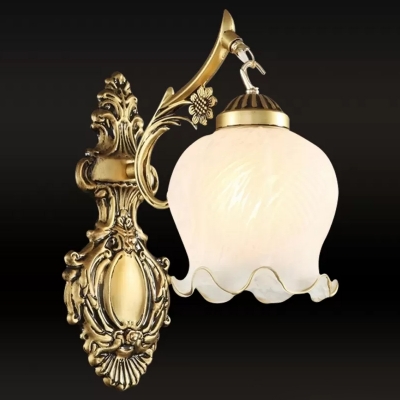 1-Light Wall Mount Lighting Traditional Floral Cream Glass Wall Light in White/Bronze with Carved Arm