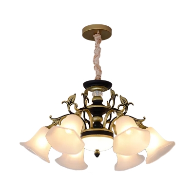3/6/12-Light Flared Hanging Light Kit Traditional Bronze Opal Frosted Glass Chandelier for Living Room