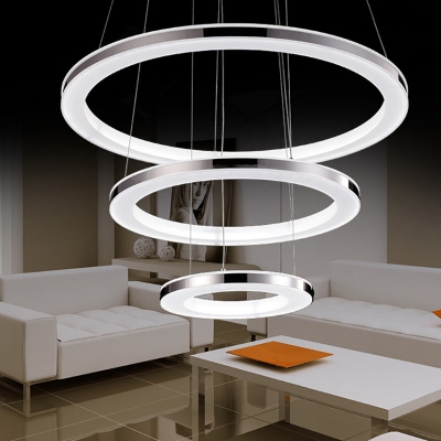 3 Heads Living Room Pendant Lamp Minimalism Silver LED Chandelier with Circular Acrylic Shade in Warm/White Light