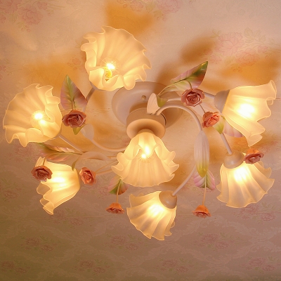 4/7 Heads Ceiling Mount Chandelier Countryside Kitchen Semi Flush Light with Spiral Flower White Glass Shade