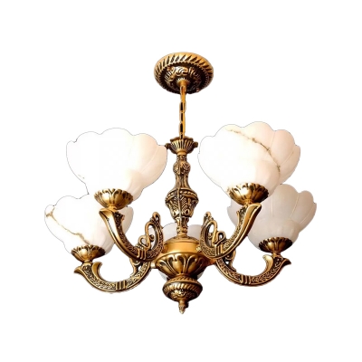 5 Heads Blossom Chandelier Lighting Traditional Bronze Cream Glass Hanging Lamp Kit