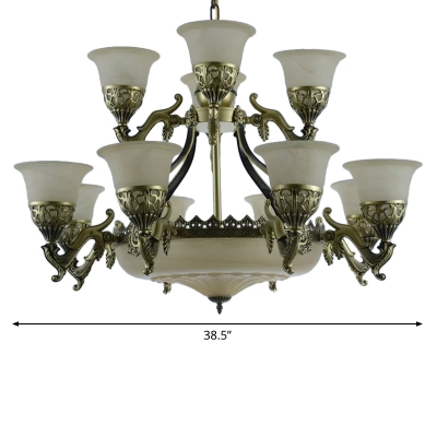 15-Head Chandelier Lamp Vintage Restaurant Pendant Light with 2-Layered Bell Frosted Glass Shade in Bronze