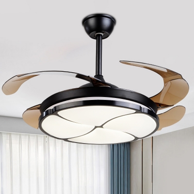 Acrylic Petals 4-Blade Ceiling Fan Lamp Minimalism Black LED Semi Flush Mount Light Fixture, 19