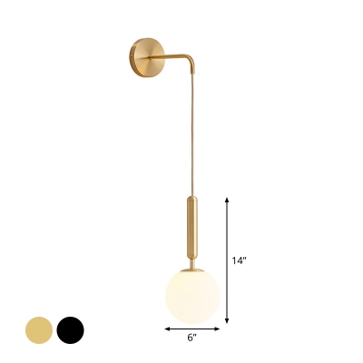 Ball Bedside Wall Hanging Lamp Clear Rippled/Opaline Glass 1 Head Minimalist Wall Mount Light Fixture in Black/Gold