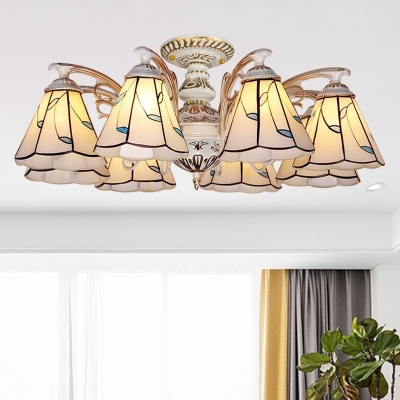 Beige Lily Ceiling Mounted Fixture Tiffany 5/6/8 Lights Stained Glass Semi Flush Light