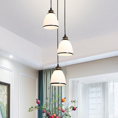 Black 3 Lights Cluster Pendant Retro Style White Glass Bell Hanging Ceiling Light with Round/Linear Canopy